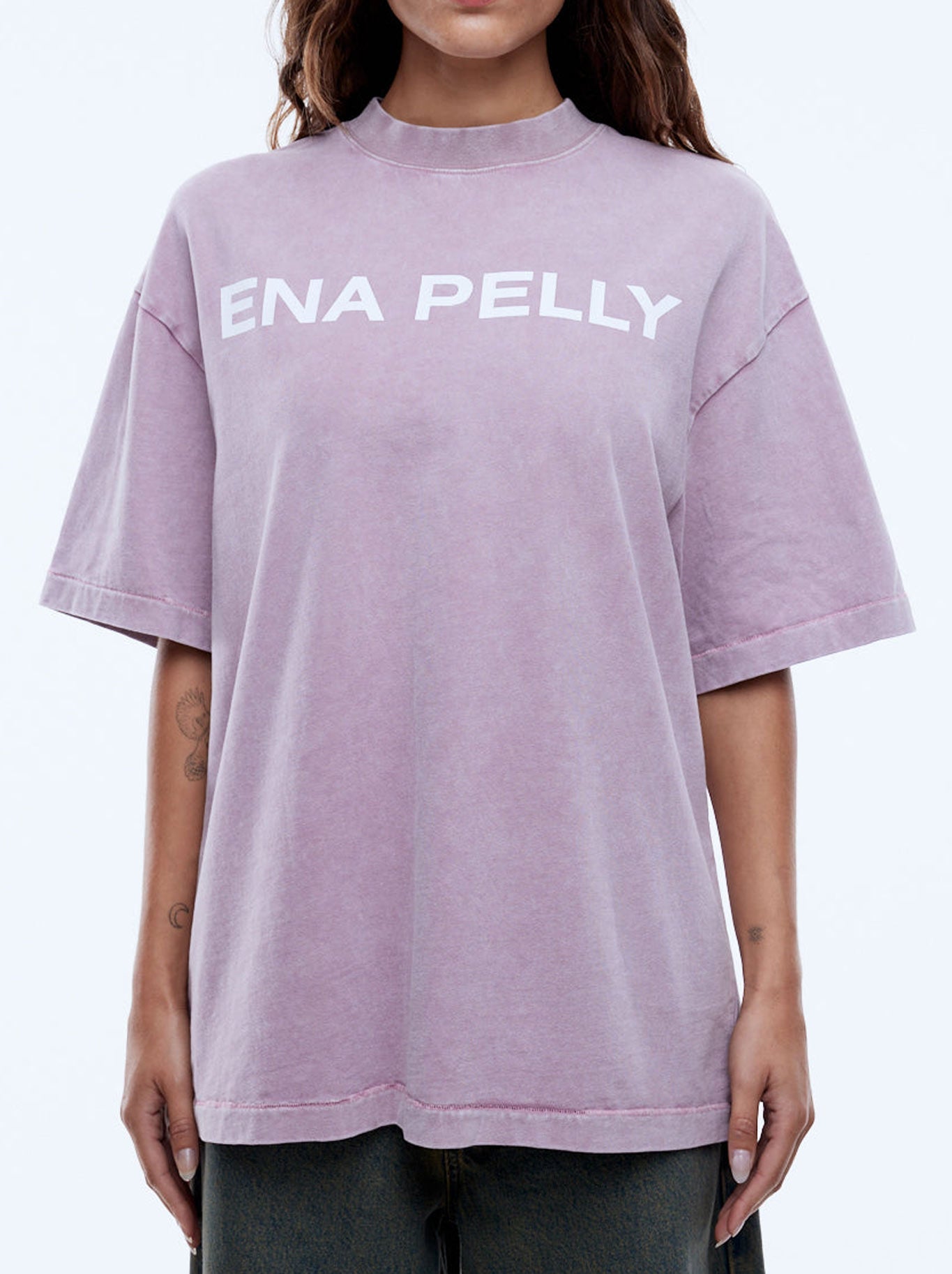 Image of a model wearing Tops. Productname: ENA PELLY CHLOE OVERSIZED TEE in Vintage Rose colour by brand - Ena Pelly