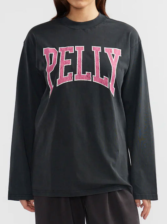 Image of a model wearing Tops. Productname: PINK KARA LONG SLEEVE TOP in Vintage Black colour by brand - Ena Pelly