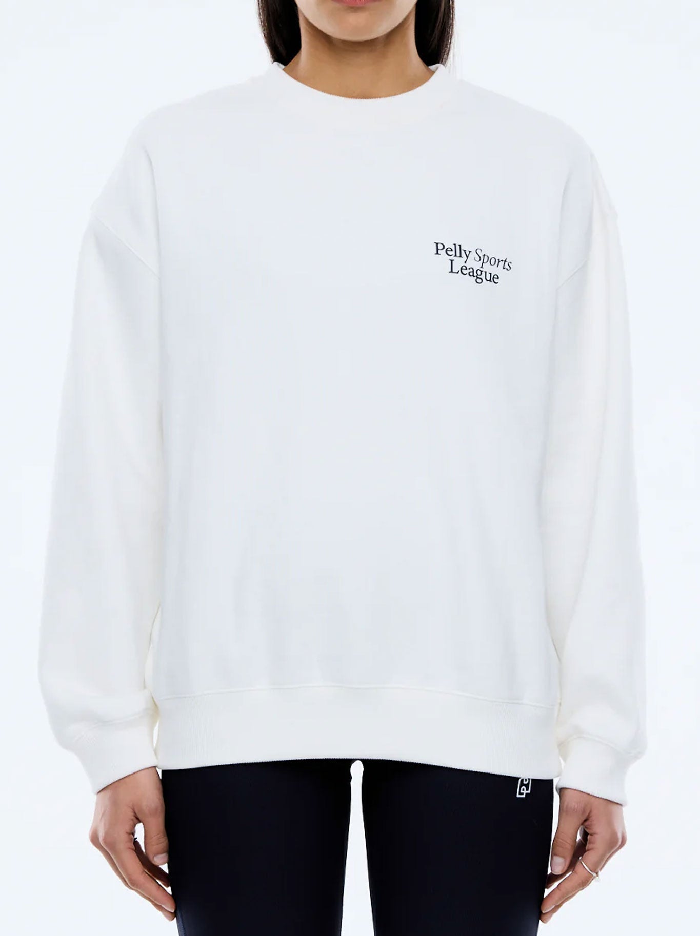 Image of a model wearing Outerwear. Productname: ENA PELLY PELLY SPORTS LEAGUE SWEATER in Vintage White colour by brand - Ena Pelly