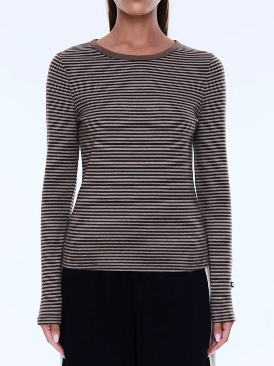 Image of a model wearing Tops. Product name - ENA PELLY PIPER LONG SLEEVE STRIPE TOP in Sand colour by brand - Ena Pelly