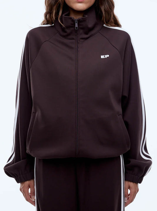 Image of a model wearing Tops. Productname: ENA PELLY VALENTINA ZIP THRU in Cocoa colour by brand - Ena Pelly