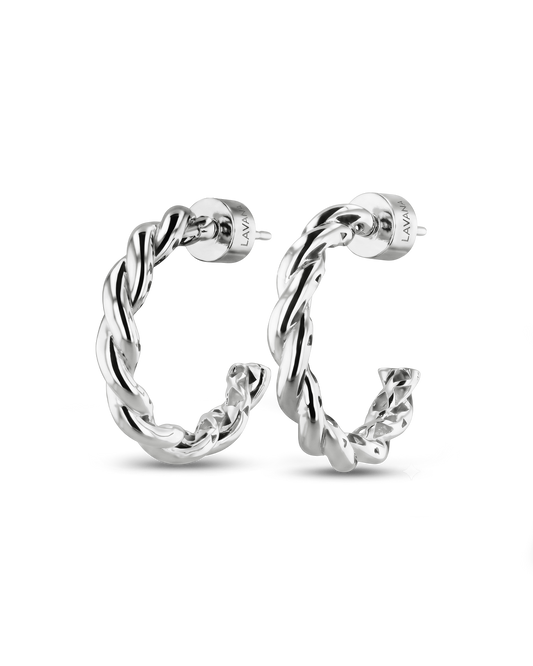 Image of Earrings. Product name - Entwine Silver Hoop Earrings in colour by brand - LAVANA