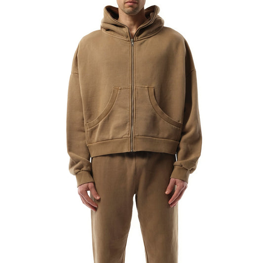 Image of a model wearing Outerwear. Productname: ENTIRE STUDIOS Eternal Zip Hoodie in BROWN colour by brand - ENTIRE STUDIOS