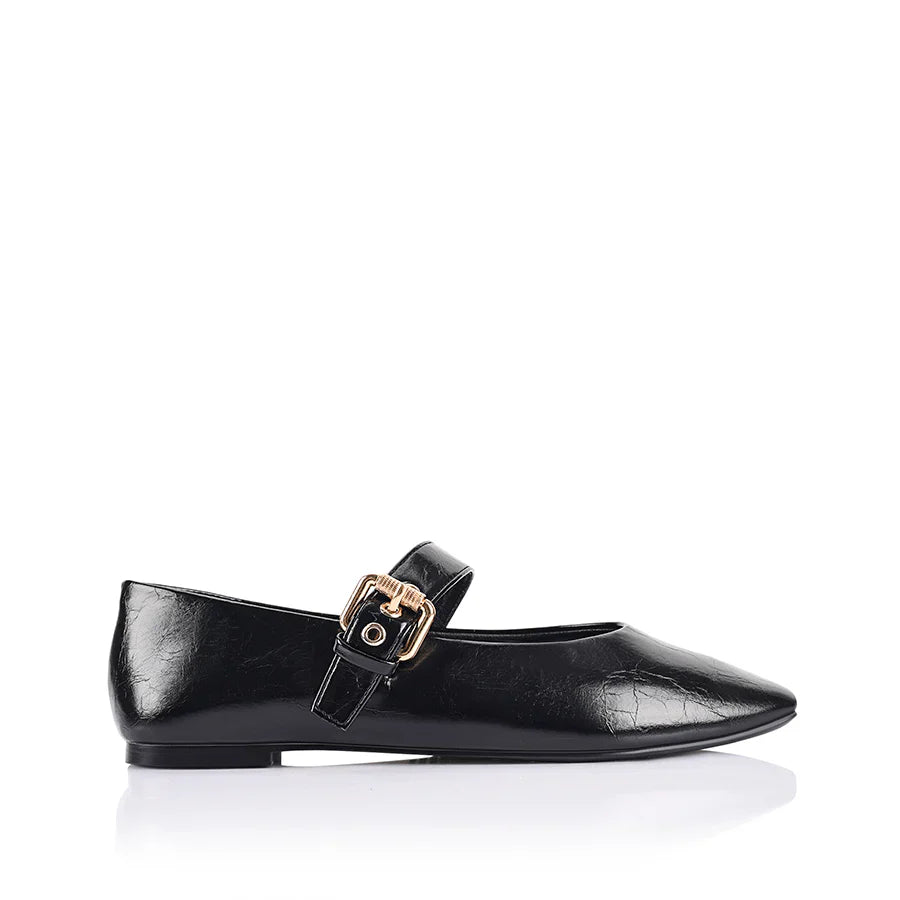 Image of Shoes. Product name - Europe Mary-Jane Flats in Black Crinkle colour by brand - Betty Basics