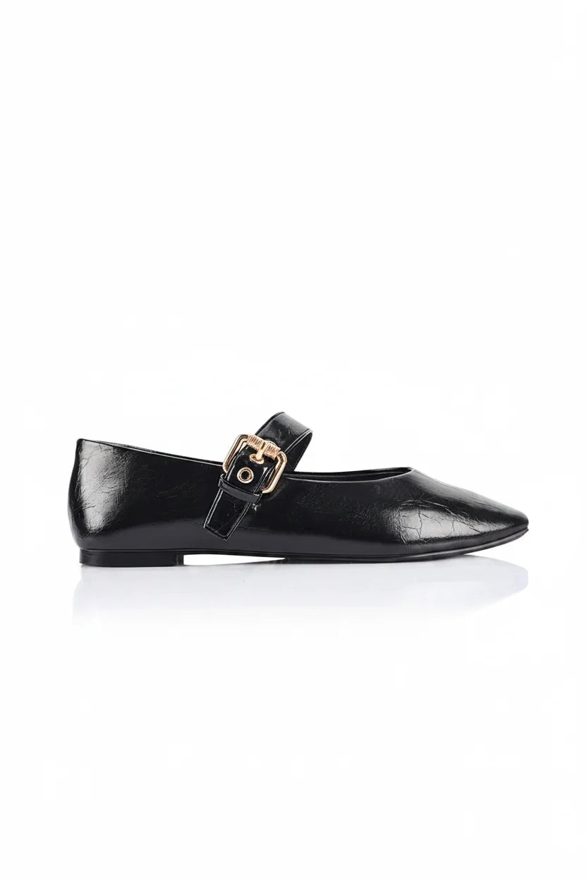 Image of Shoes. Product name - Europe Mary-Jane Flats in Black Crinkle colour by brand - Sass Clothing