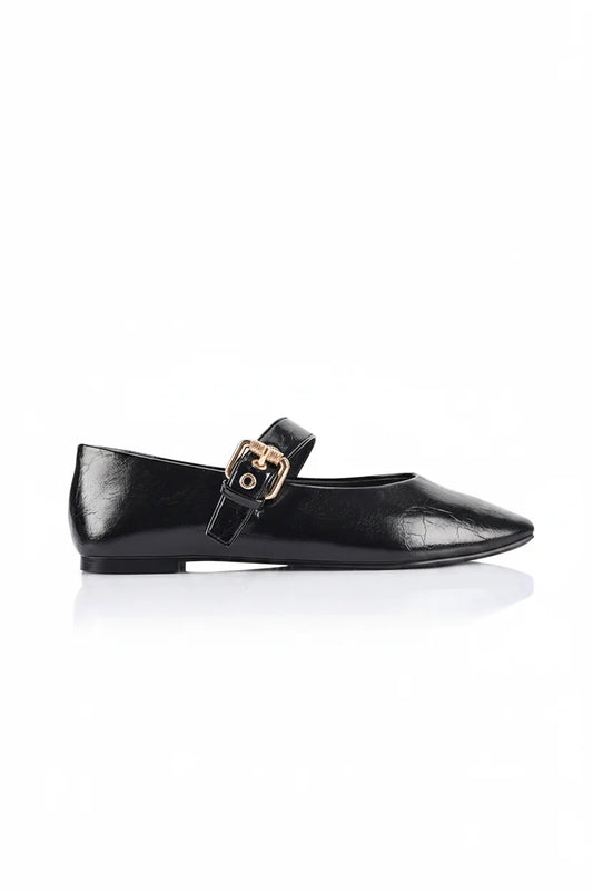 Image of Shoes. Product name - Europe Mary-Jane Flats Black Crinkle in Black Crinkle colour by brand - Sass Clothing