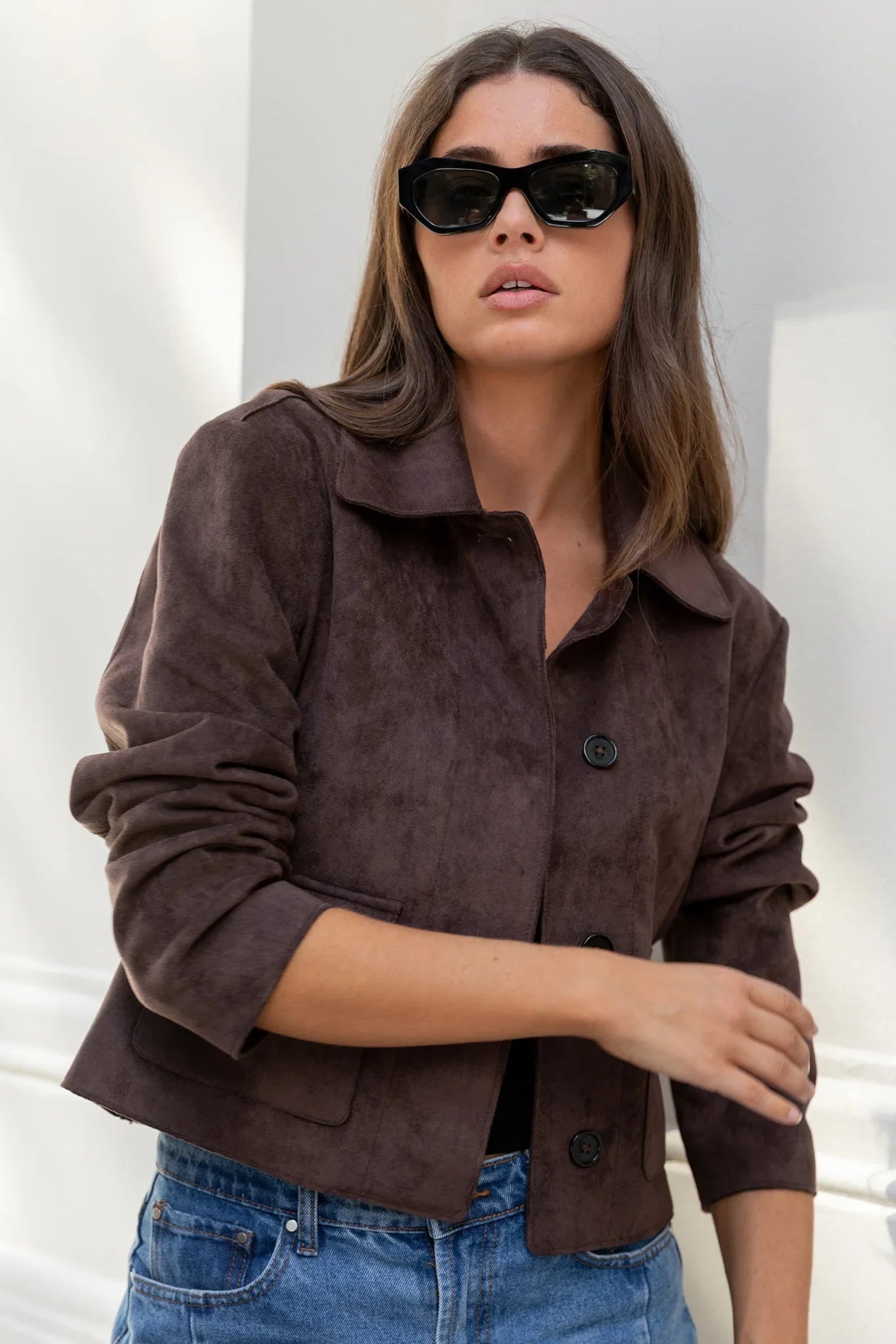Image of Jackets. Product name - Exhibit Mock Suede Button Front Cropped Jacket Chocolate in Chocolate colour by brand - Among The Brave
