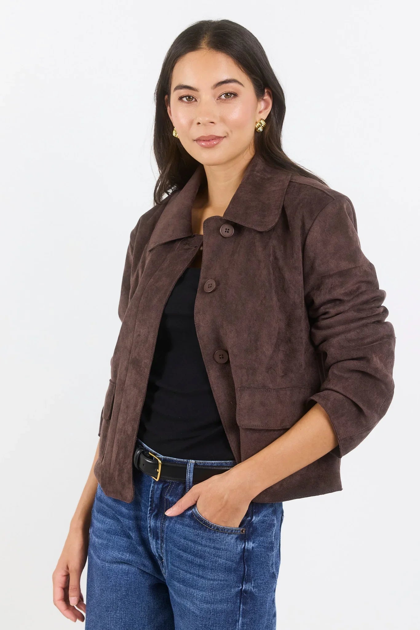 Among The Brave Exhibit Mock Suede Button Front Cropped Jacket (Chocolate)
