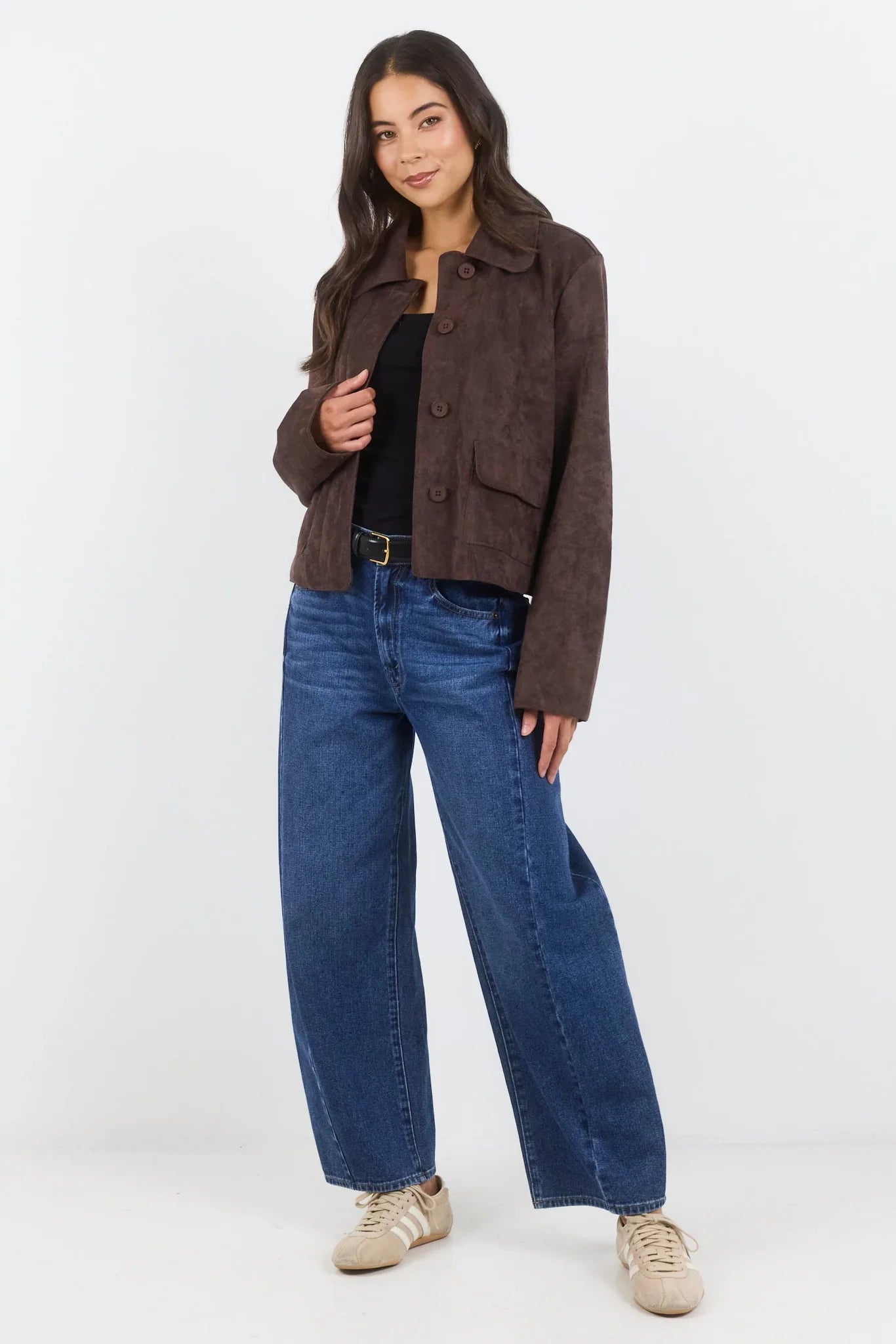 Among The Brave Exhibit Mock Suede Button Front Cropped Jacket (Chocolate)