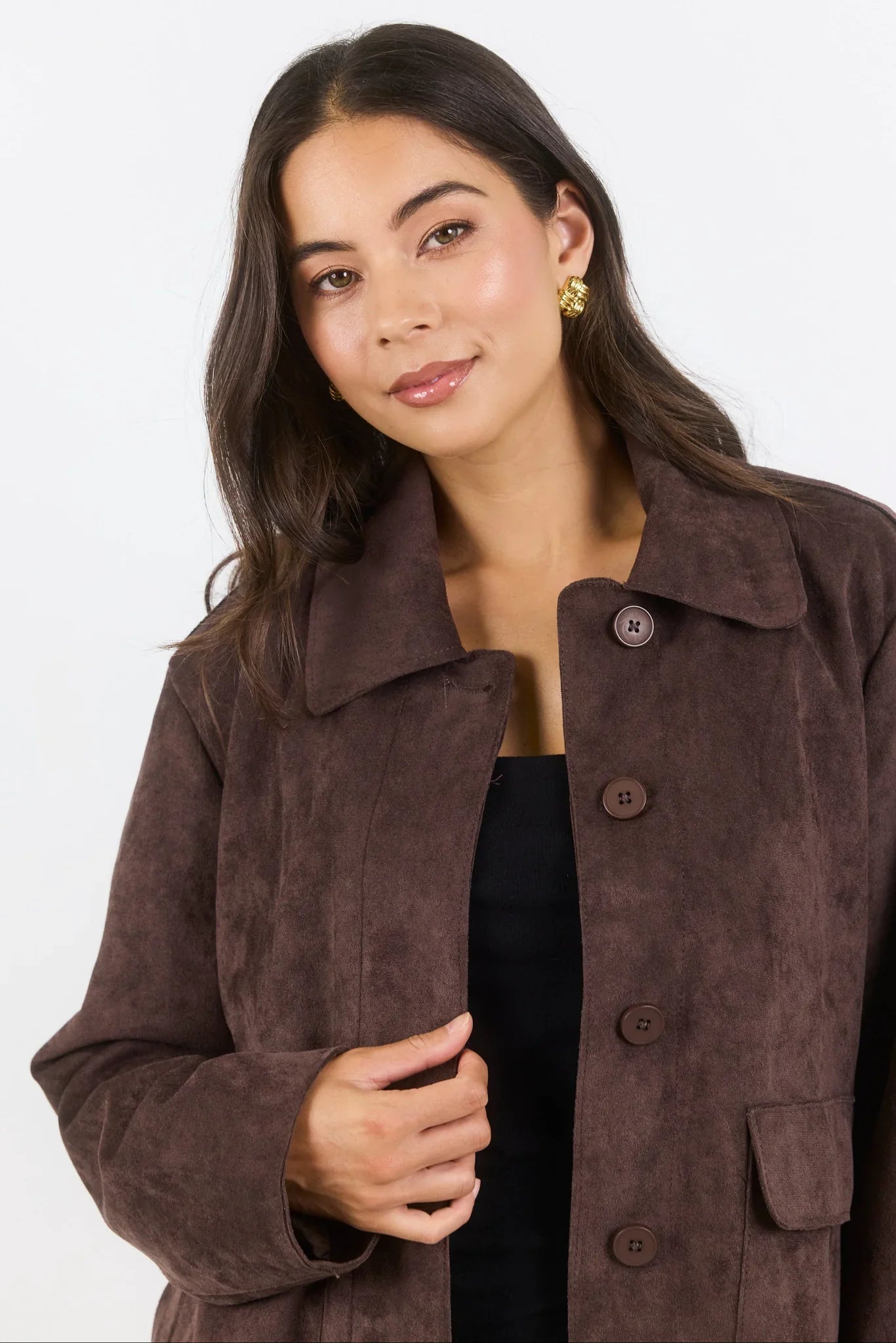 Among The Brave Exhibit Mock Suede Button Front Cropped Jacket (Chocolate)