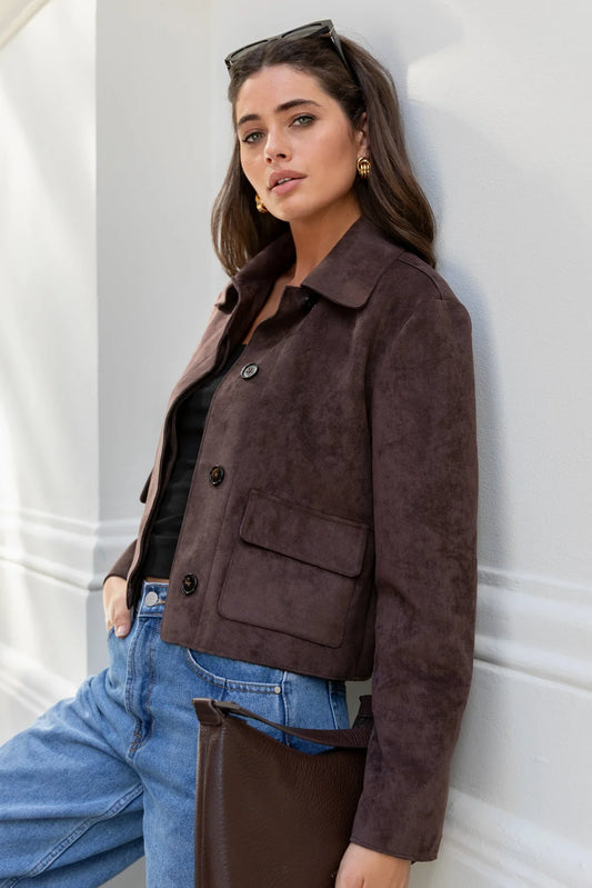 Among The Brave Exhibit Mock Suede Button Front Cropped Jacket (Chocolate)