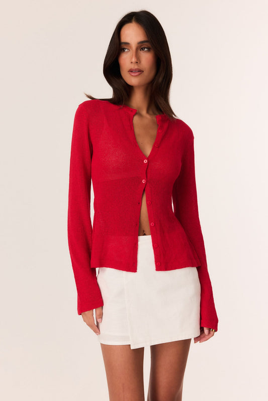 Image of a model wearing Tops. Productname: SNDYS HADLEY CARDIGAN in Red colour by brand - SNDYS