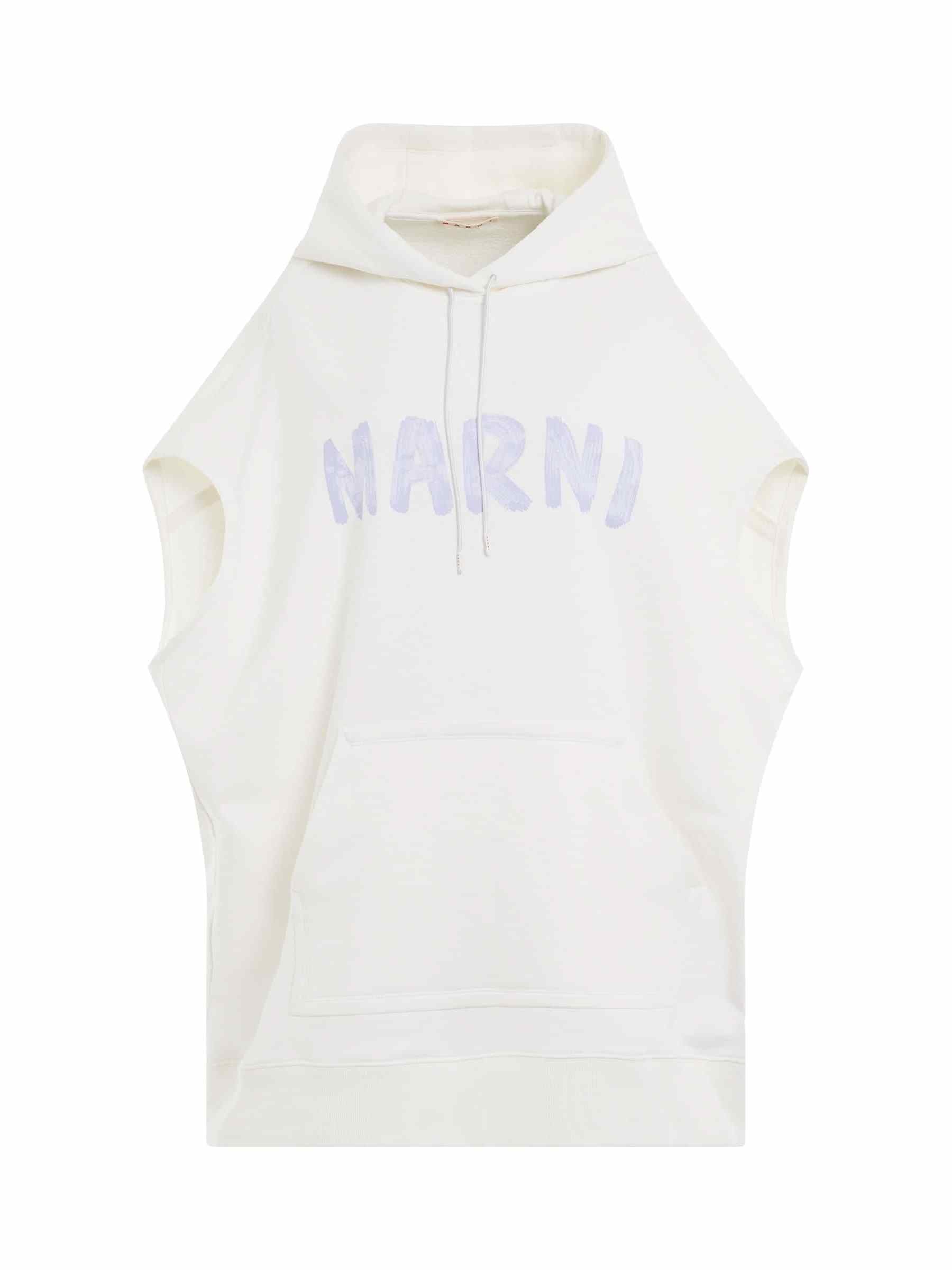 Image of a model wearing Outerwear. Productname: MARNI Sleeveless Logo Hoodie in Stone White colour by brand - MARNI