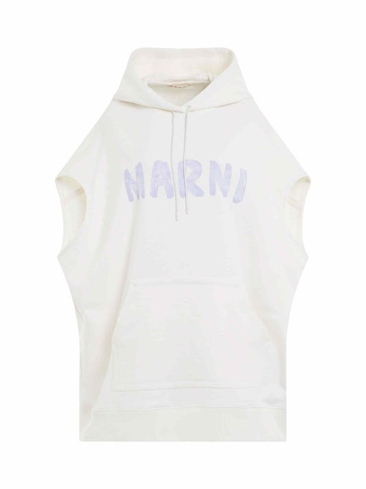 Image of a model wearing Outerwear. Productname: MARNI Sleeveless Logo Hoodie in Stone White colour by brand - MARNI