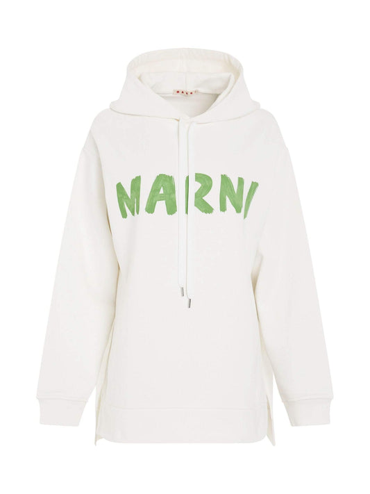Image of a model wearing Outerwear. Productname: MARNI Logo Printed Hoodie in White colour by brand - MARNI
