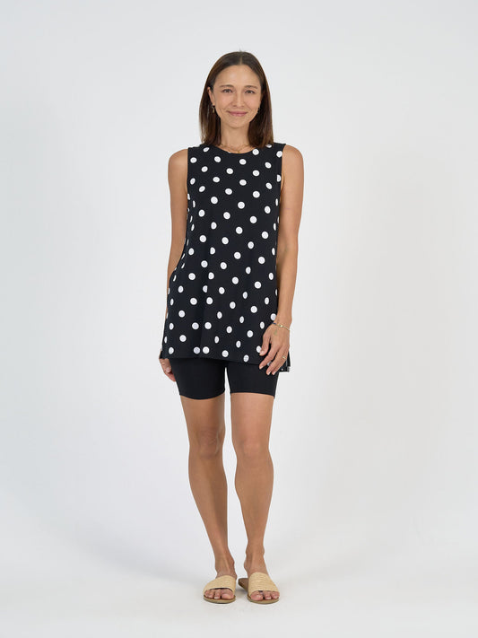 Image of a model wearing Tops. Product name - Fantasia Bamboo Tunic Top Polka Dot in Polka Dot colour by brand - Lou Lou