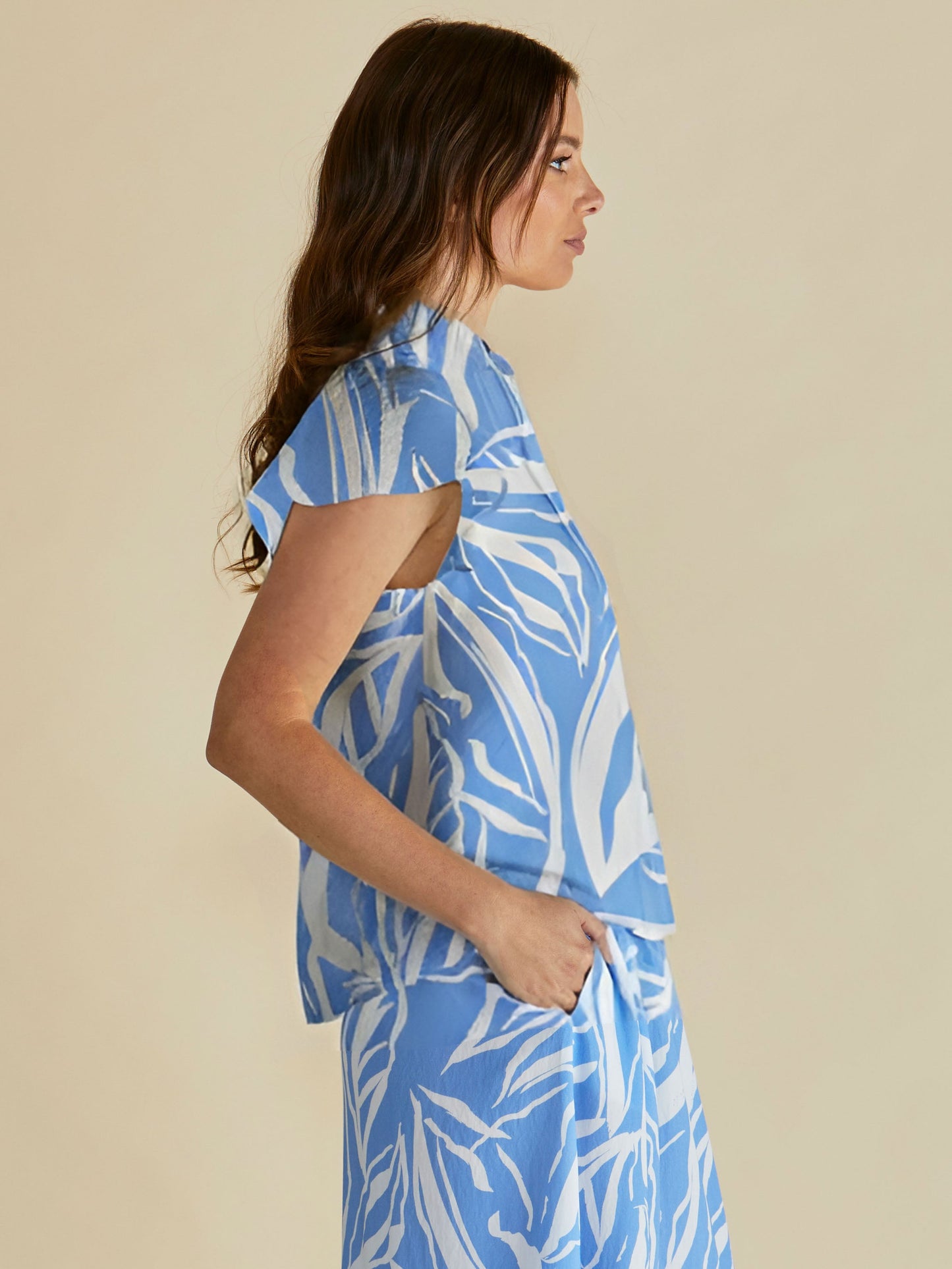 Betty Basics Lyra Blouse (Blue Abstract Print)