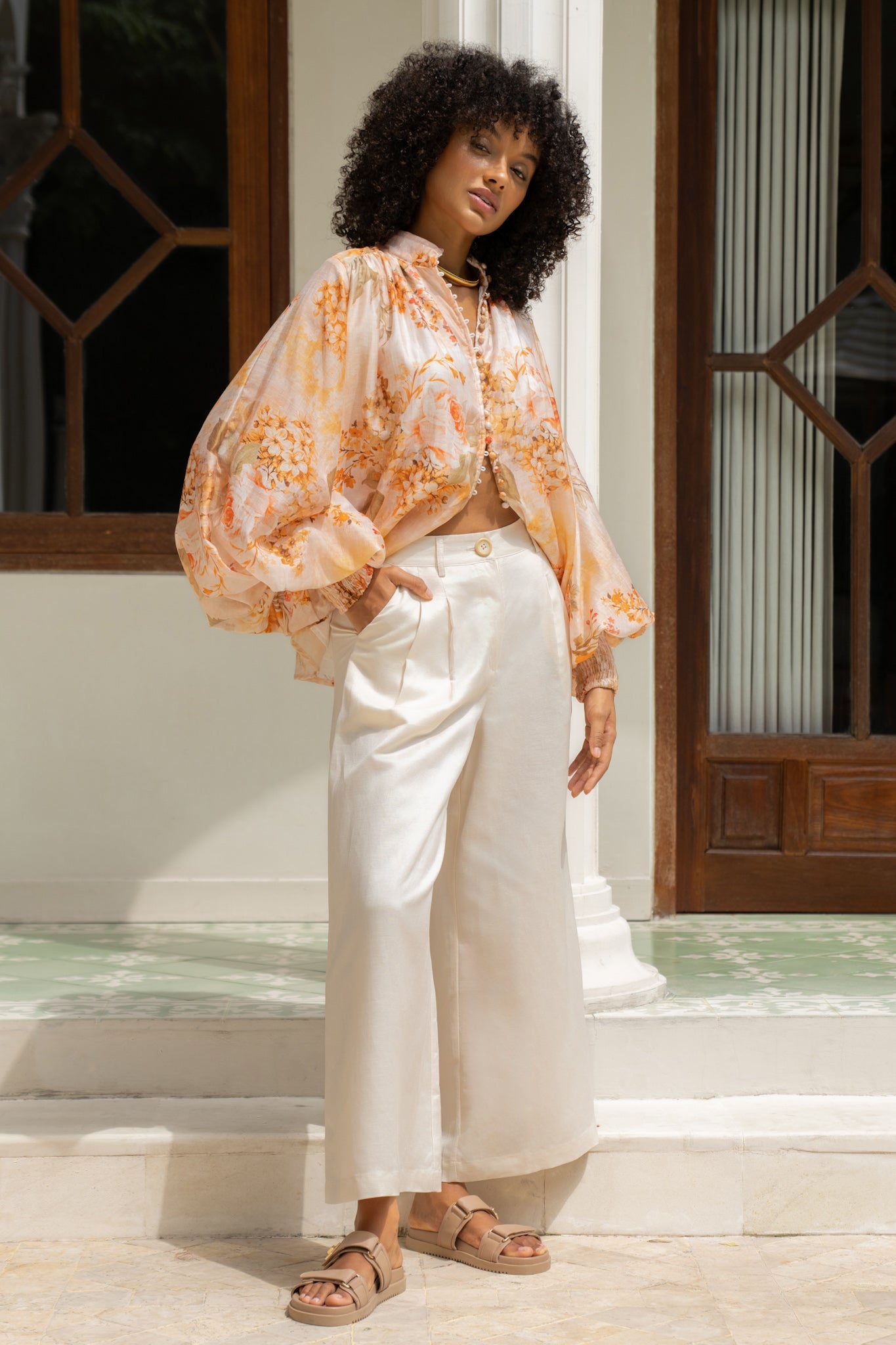Heychic Fiorenza Orange Button Balloon Sleeve Blouse (Floral)