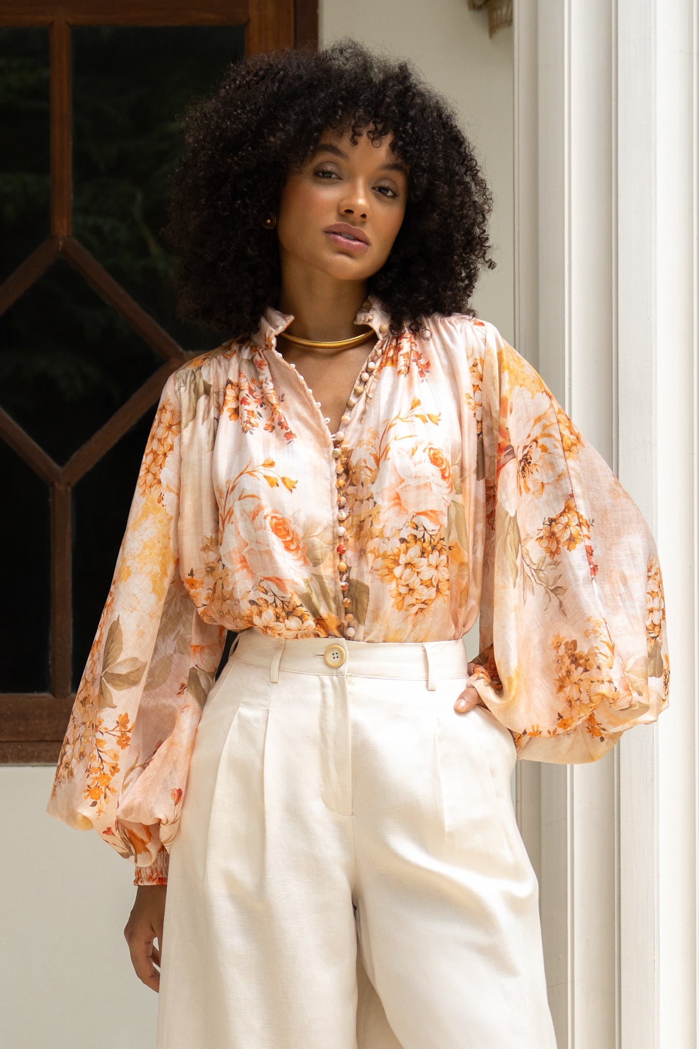 Heychic Fiorenza Orange Button Balloon Sleeve Blouse (Floral)
