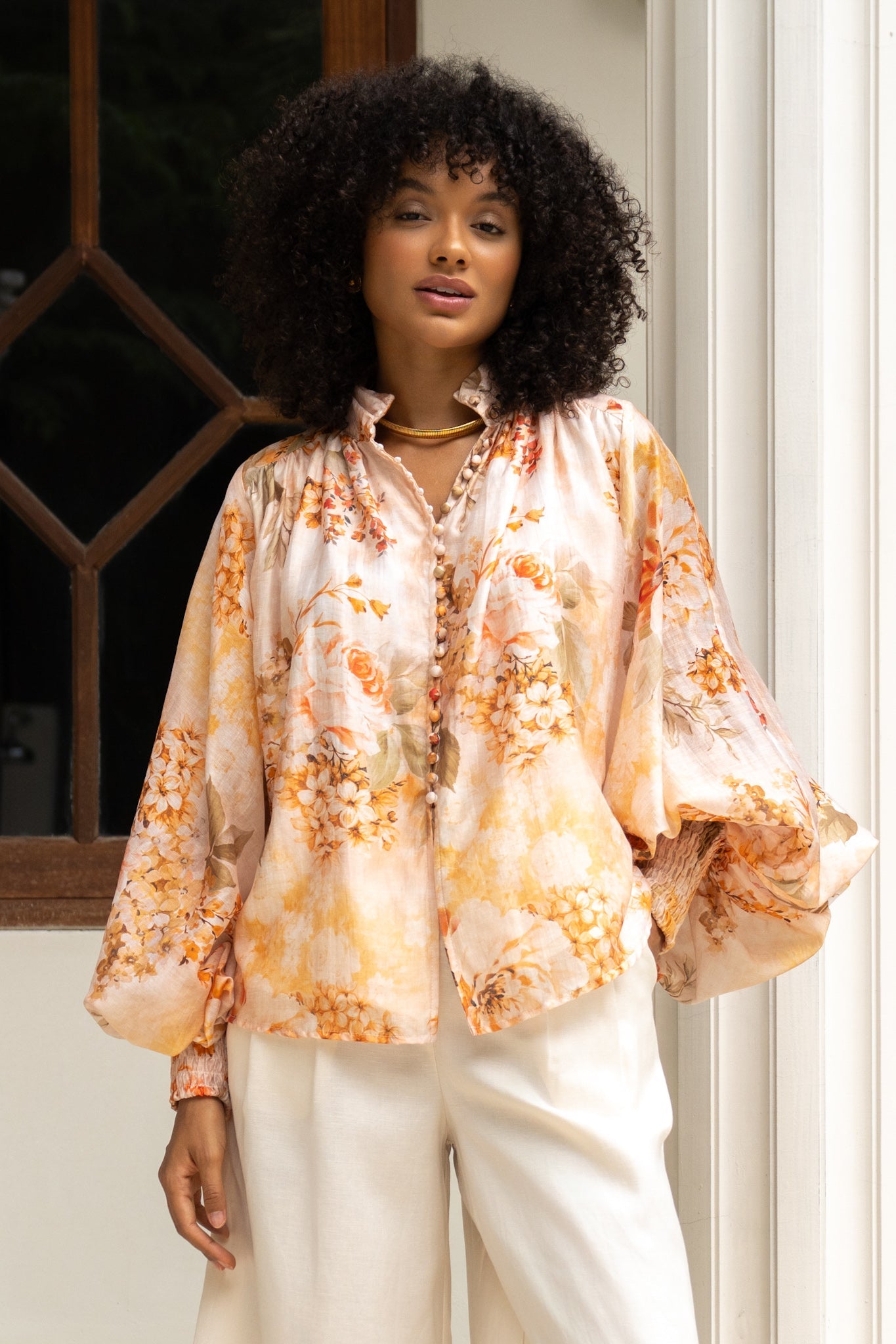 Heychic Fiorenza Orange Button Balloon Sleeve Blouse (Floral)