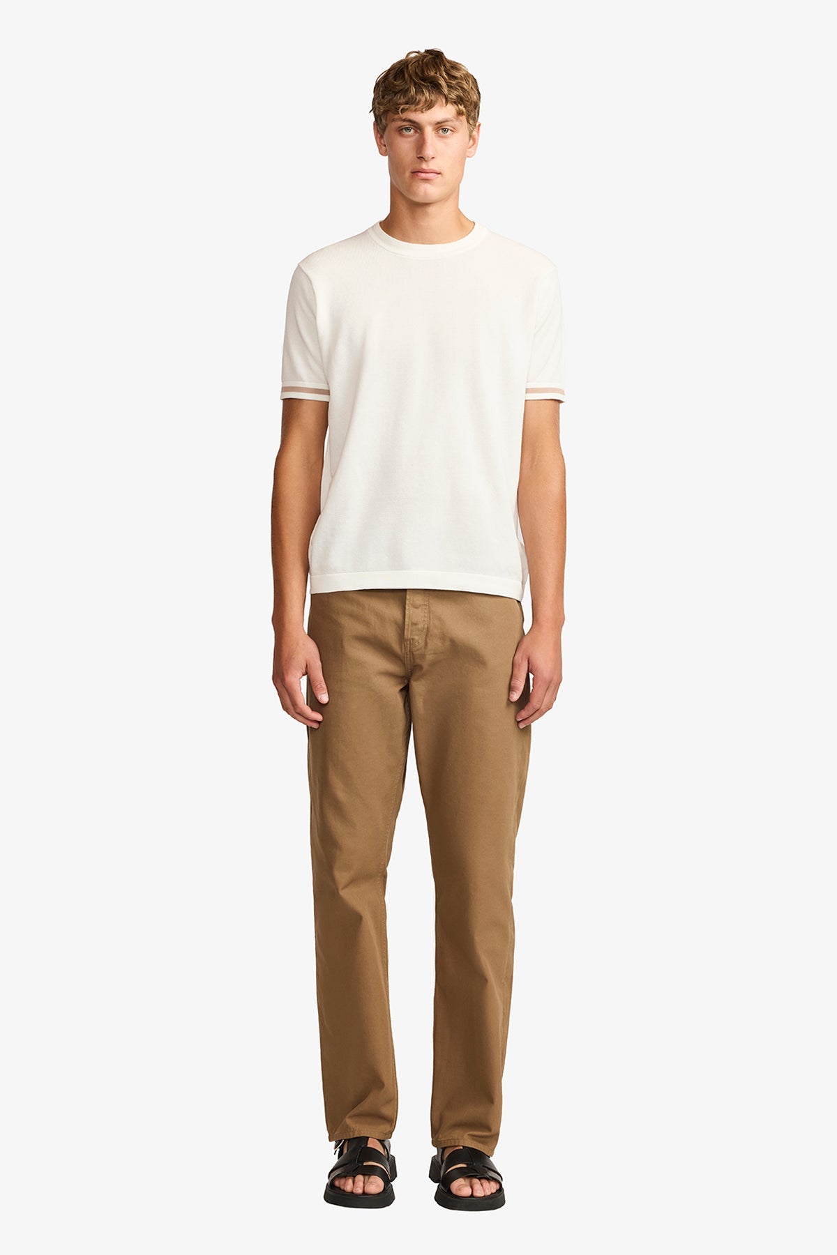 Image of a model wearing Pants. Productname: Anthony Squires Five pocket pant in chestnut twill in Chestnut colour by brand - Anthony Squires