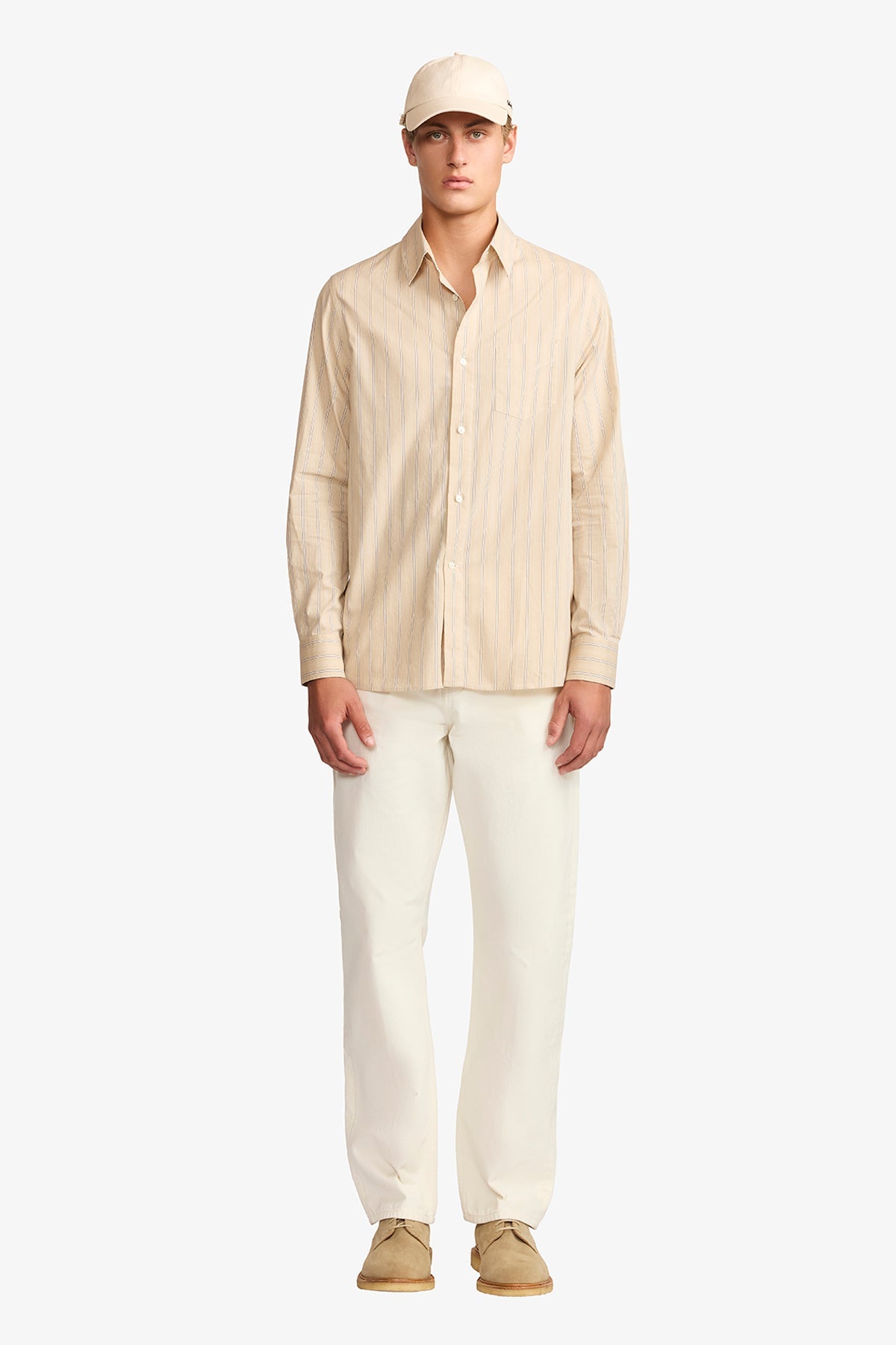 Image of a model wearing Tops. Productname: Anthony Squires Frederic beige stripe poplin shirt in Red colour by brand - Anthony Squires