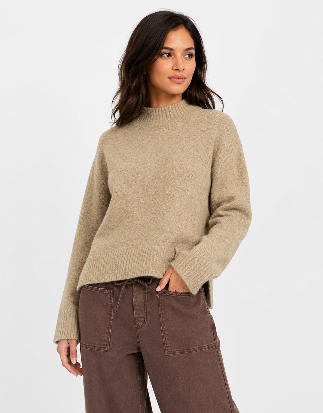 Stories Be Told Forage Mock Neck Long Sleeve Jumper (Biscuit)