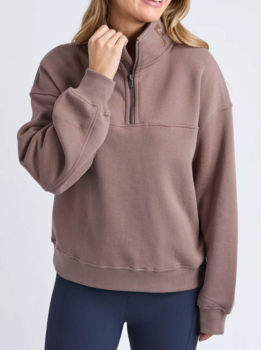Image of a model wearing Tops. Productname: FOXWOOD COLLEGE ZIP CREW in Mocha colour by brand - Foxwood
