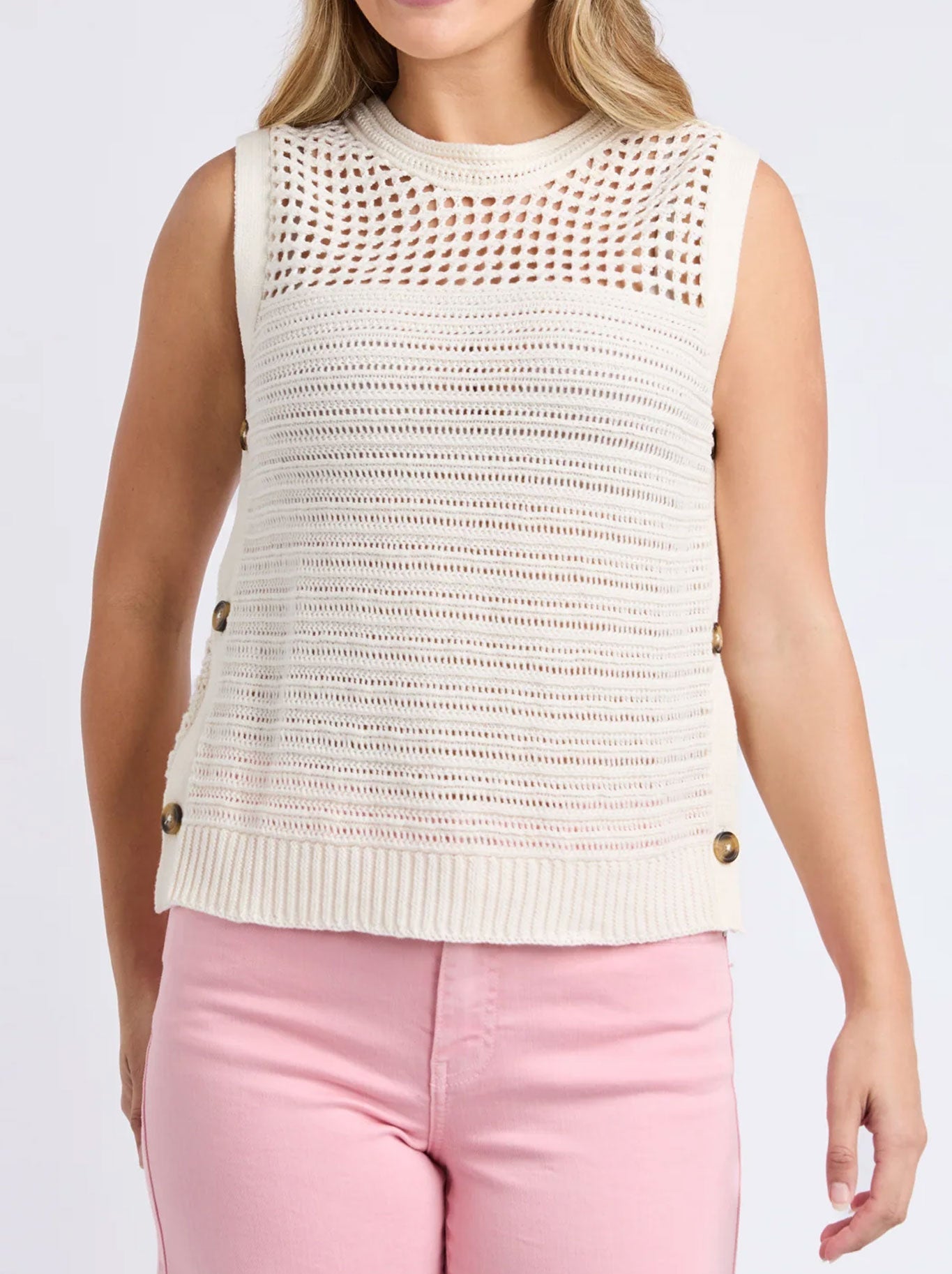 Image of a model wearing Tops. Productname: FOXWOOD CHILLI KNIT TOP in Vintage White colour by brand - Foxwood