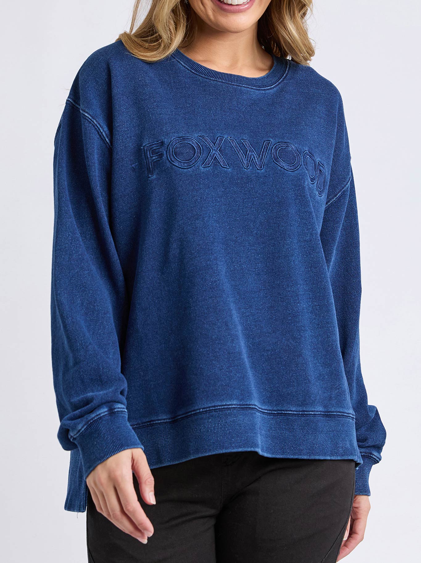 Image of a model wearing Tops. Productname: Foxwood Remedy Crew in Indigo colour by brand - Foxwood