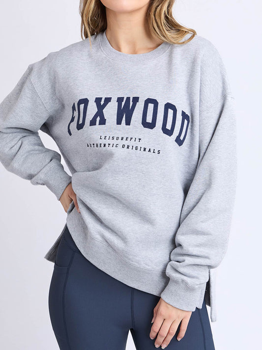 Image of a model wearing Tops. Product name - Foxwood Intention Crew in Grey Na Vy colour by brand - Foxwood