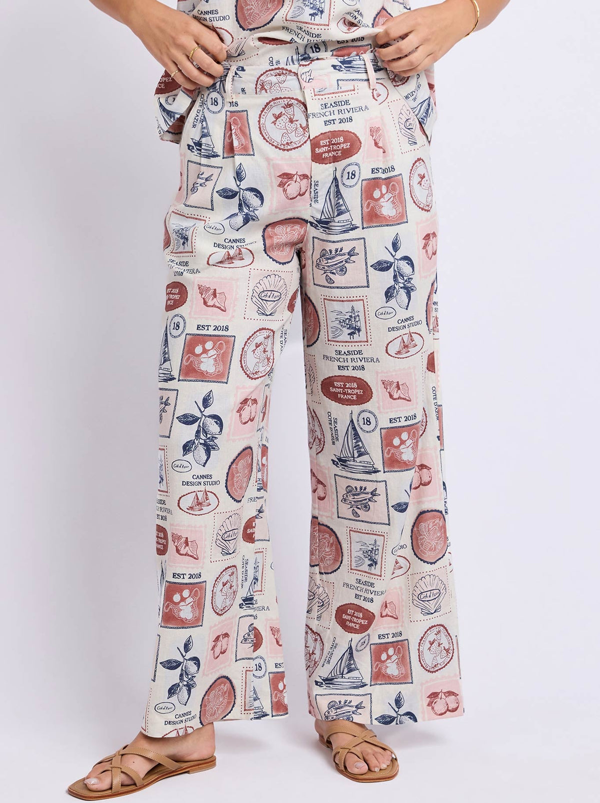 Image of a model wearing Pants. Product name - Foxwood Riviera Pant in Print colour by brand - Foxwood
