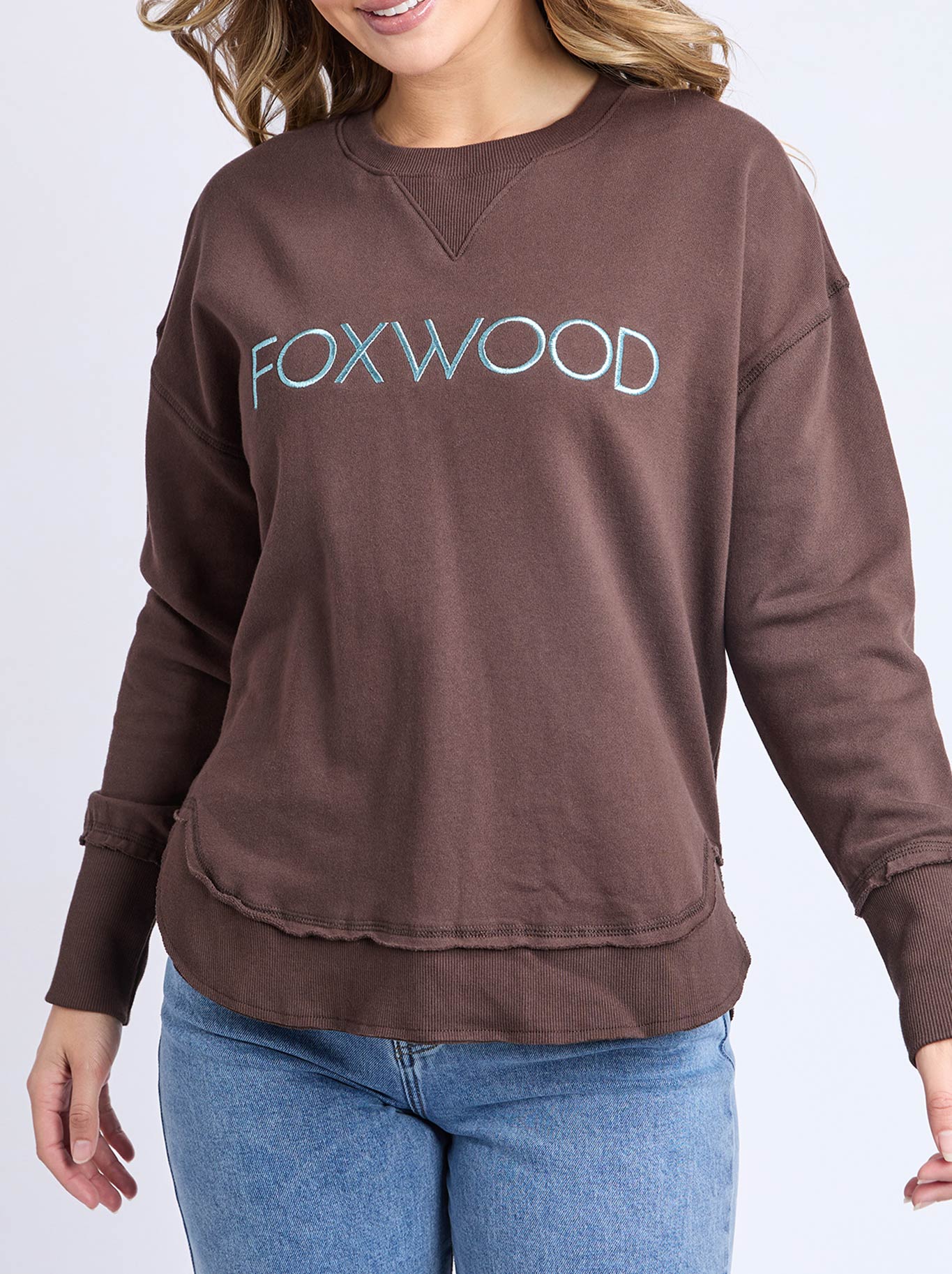 Image of a model wearing Tops. Product name - Foxwood Simplified Metallic Crew in Coffee Light Blue colour by brand - Foxwood