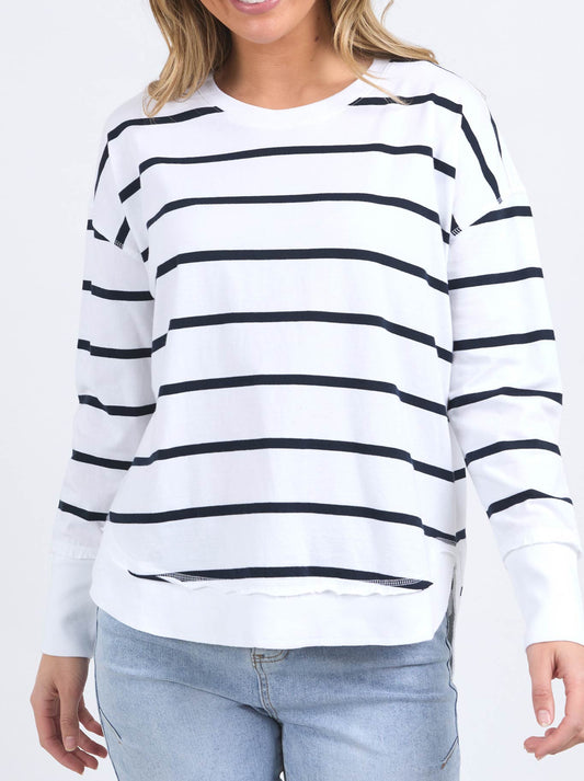 Image of a model wearing Tops. Productname: Foxwood Farrah Stripe Long Sleeve Tee in White Navy colour by brand - Foxwood