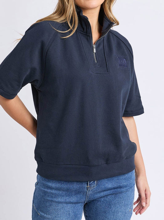 Image of a model wearing Tops. Productname: FOXWOOD PIPED CREW SOLID in Navy colour by brand - Foxwood