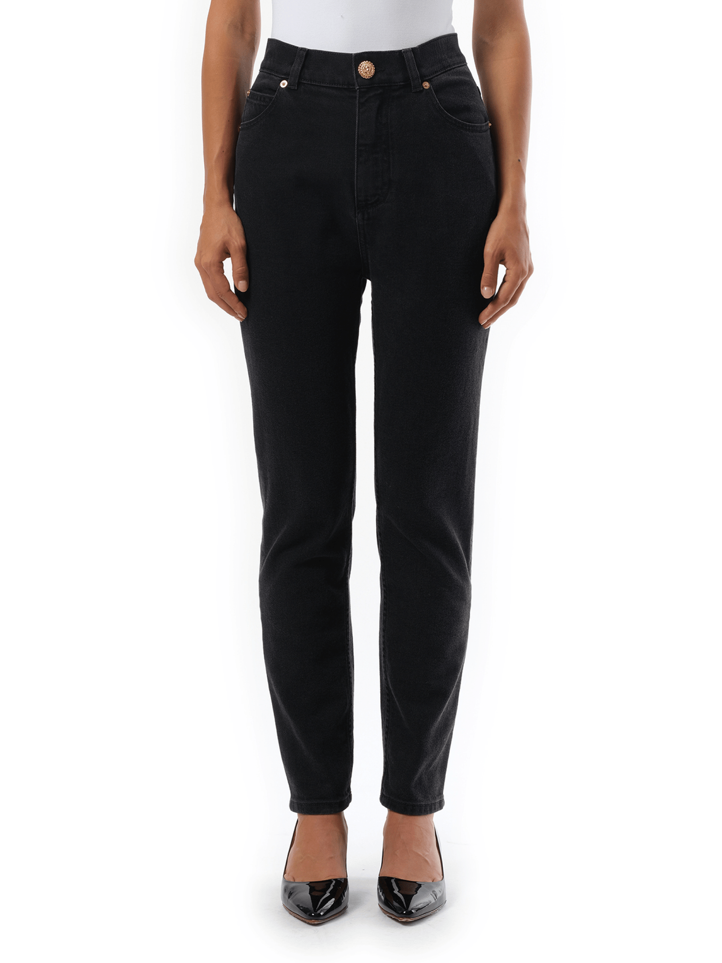 Image of a model wearing Denim. Productname: BALMAIN 5 Pockets Slim Black Washed Denim in BLACK colour by brand - BALMAIN