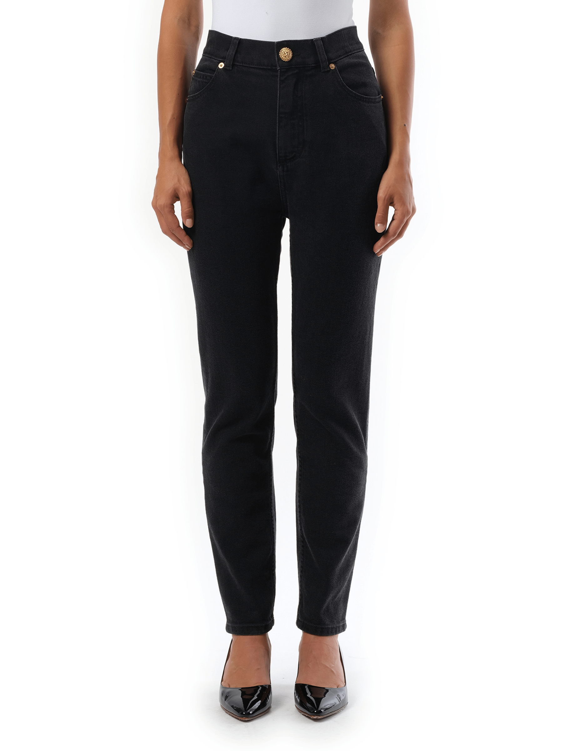 Image of a model wearing Denim. Productname: BALMAIN 5 Pockets Slim Black Washed Denim in BLACK colour by brand - BALMAIN