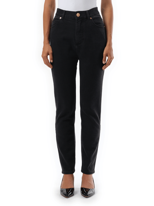 Image of a model wearing Denim. Productname: BALMAIN 5 Pockets Slim Black Washed Denim in BLACK colour by brand - BALMAIN