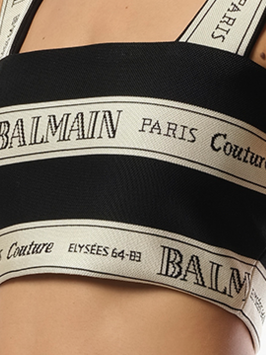 BALMAIN Striped Balmain Jacquard Crop Top (Black Beige)