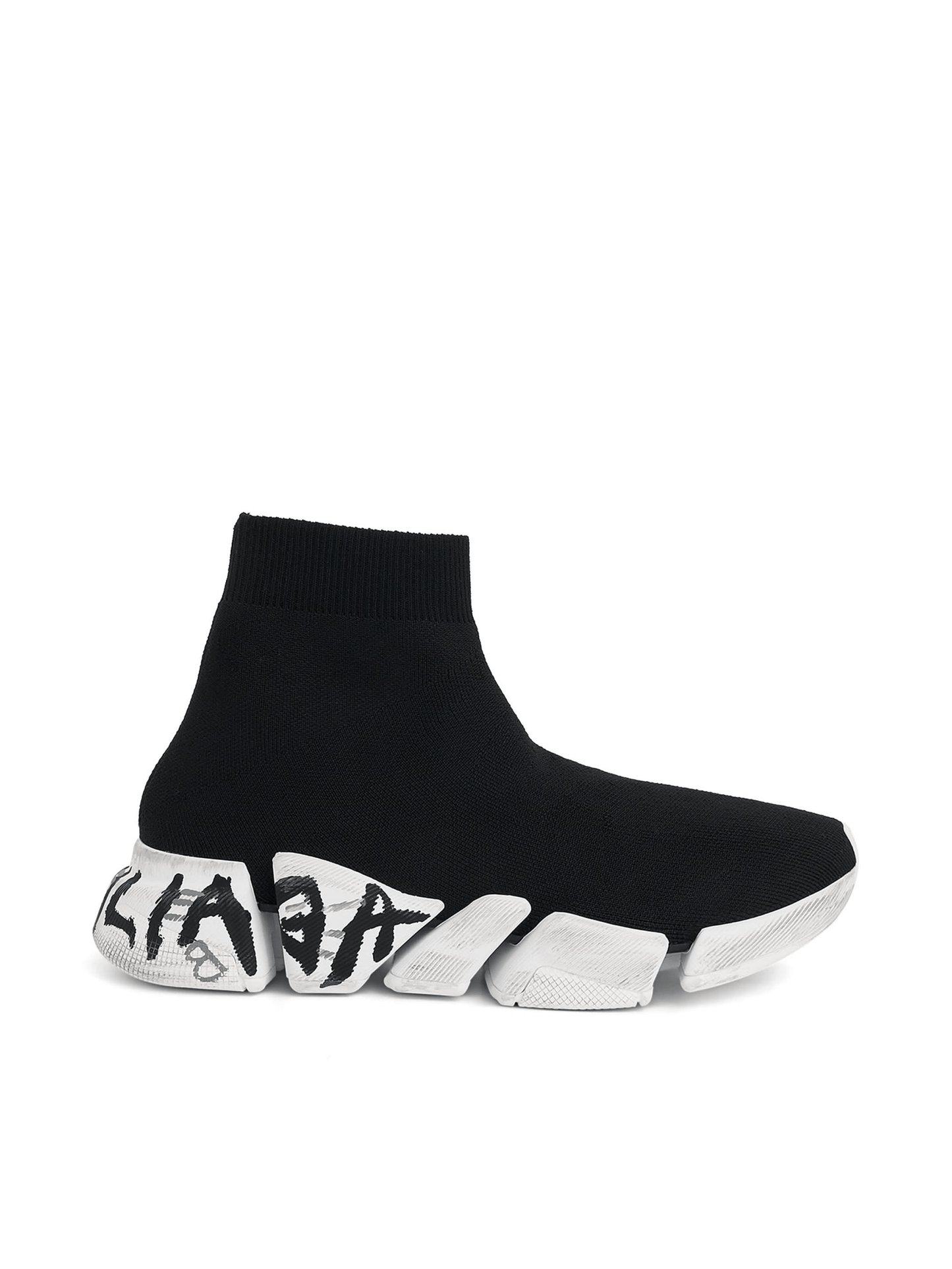 Image of a model wearing Tops. Productname: BALENCIAGA Speed 2.0 Graffiti Knit in Black White colour by brand - BALENCIAGA