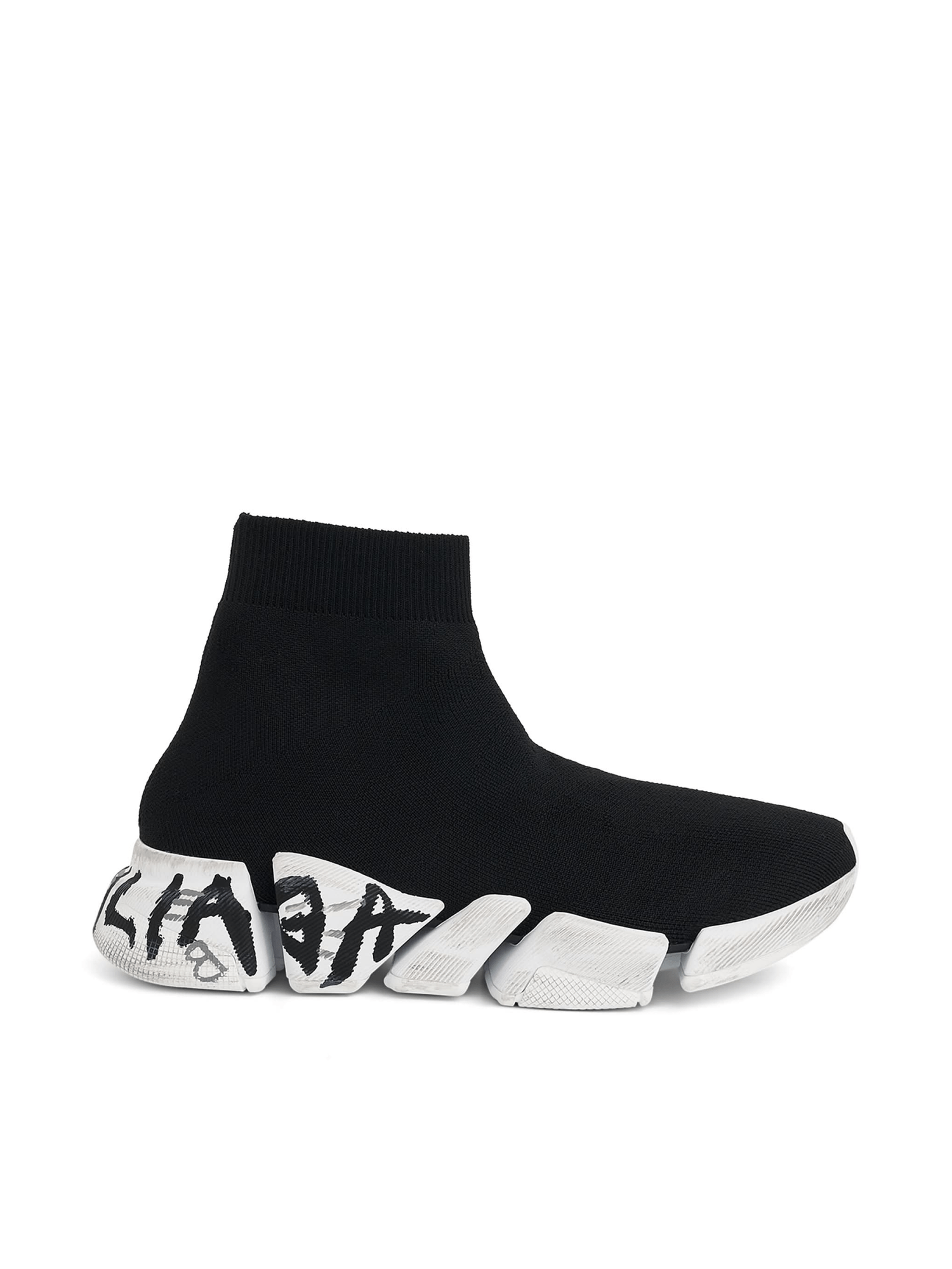 Image of a model wearing Tops. Productname: BALENCIAGA Speed 2.0 Graffiti Knit in Black White colour by brand - BALENCIAGA