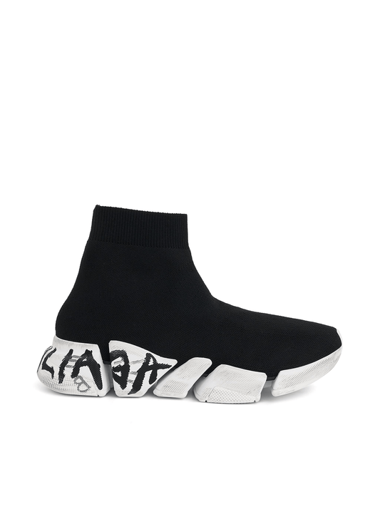 Image of a model wearing Tops. Productname: BALENCIAGA Speed 2.0 Graffiti Knit in Black White colour by brand - BALENCIAGA