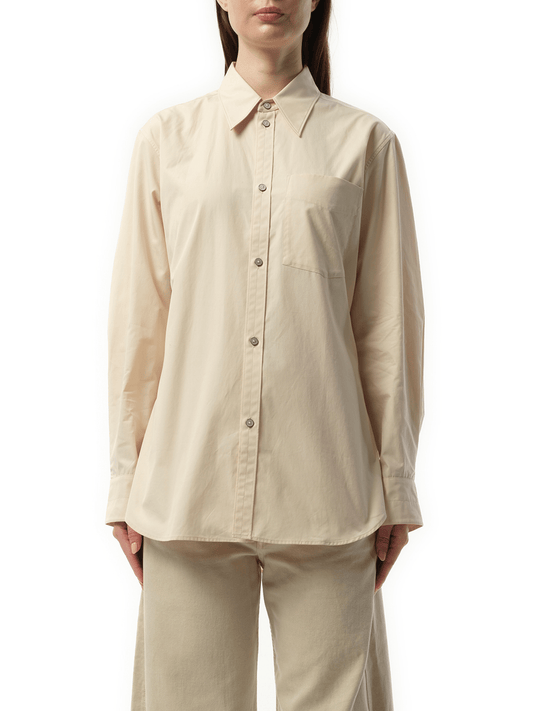 Image of a model wearing Tops. Productname: LEMAIRE Fitted Shirt in Light Cream colour by brand - LEMAIRE