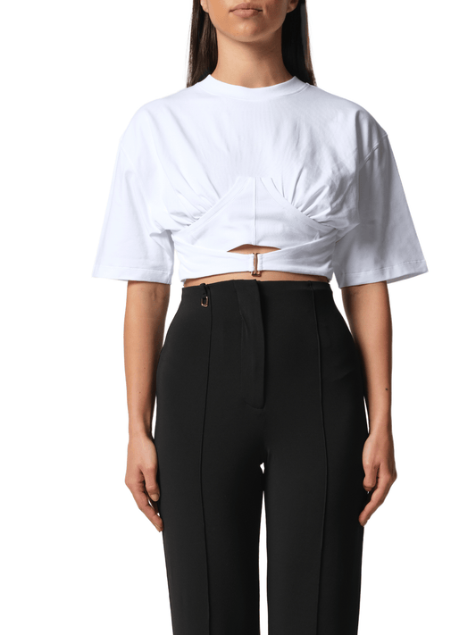 Image of a model wearing Tops. Productname: JACQUEMUS Le T-Shirt Caraco in White colour by brand - JACQUEMUS