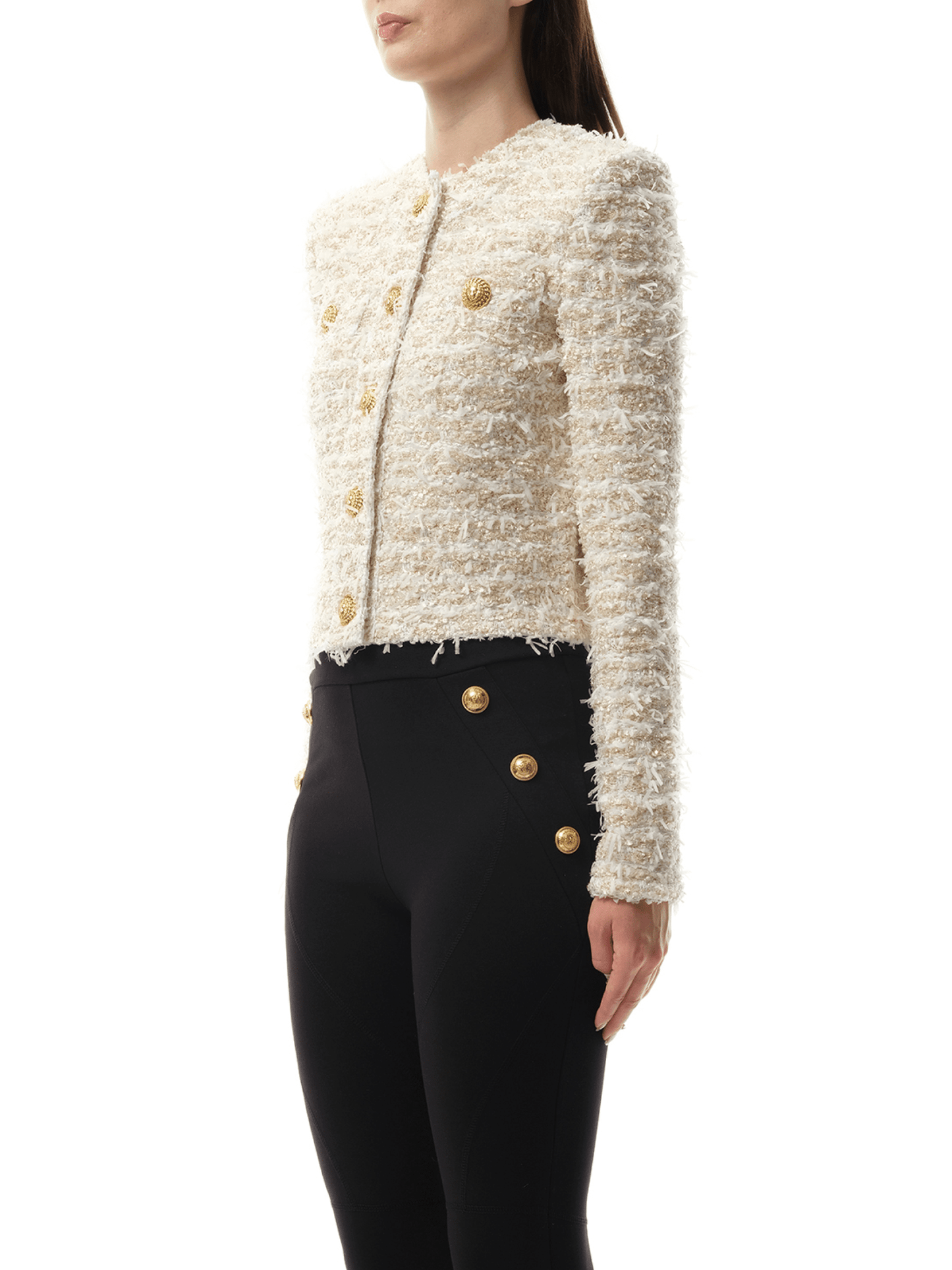 BALMAIN 2 Pockets Buttoned Tweed Knit Crop Jacket (White)