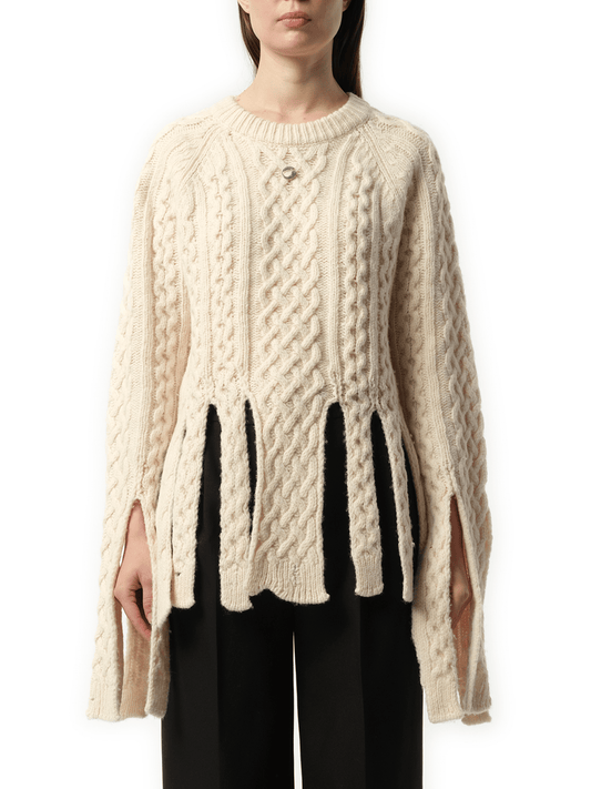 Image of a model wearing Outerwear. Productname: COPERNI Shredded Knit Sweater in Beige colour by brand - COPERNI