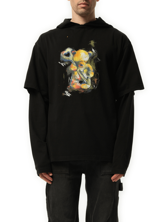 Image of a model wearing Outerwear. Productname: WE11DONE Teddy Bear With Key Hoodie in BLACK colour by brand - WE11DONE