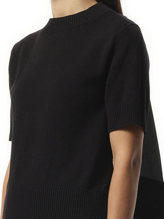 SACAI Nylon Twill x Knit Short-sleeve Pullover (Black)