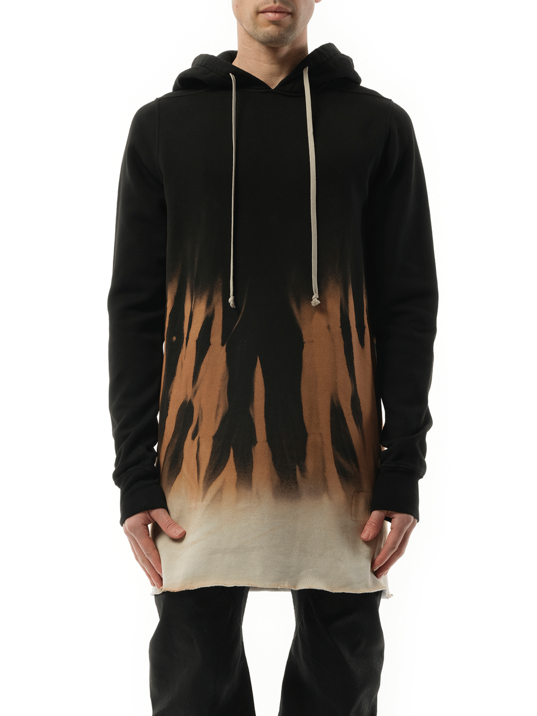 Image of a model wearing Pants. Productname: RICK OWENS DRKSHDW Drawstring Hoodie in BLACK colour by brand - RICK OWENS DRKSHDW