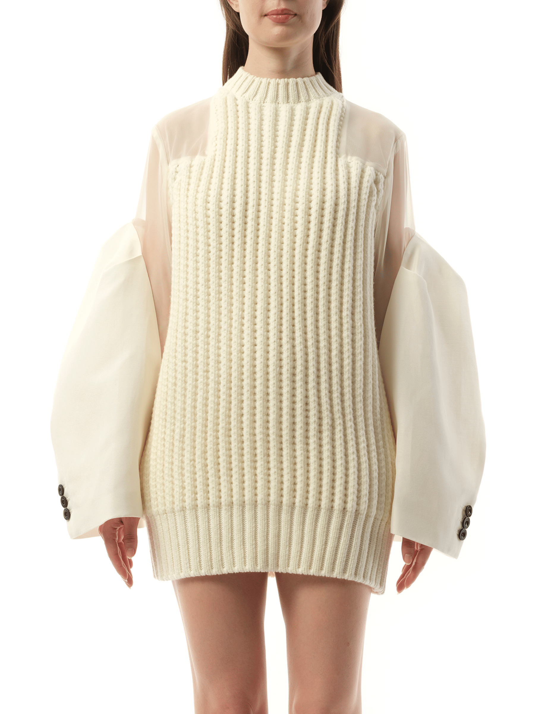 Image of a model wearing Dress. Productname: SACAI Silk Chiffon Mix Knit Dress in Off White colour by brand - SACAI